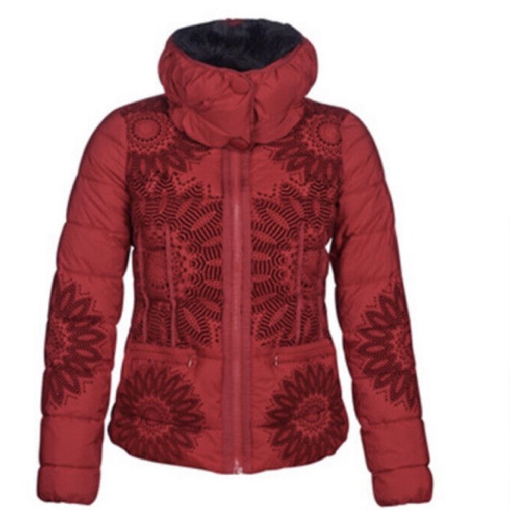 Desigual Red Komoderi Padded Puffer Jacket Coat Sz US 6
